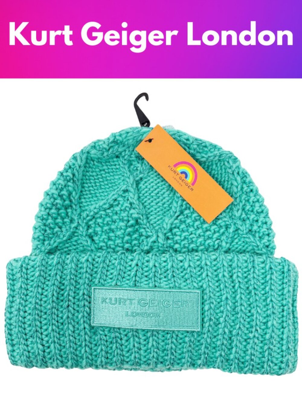 Kurt Geiger London Green Metallic Cable Knit Beanie